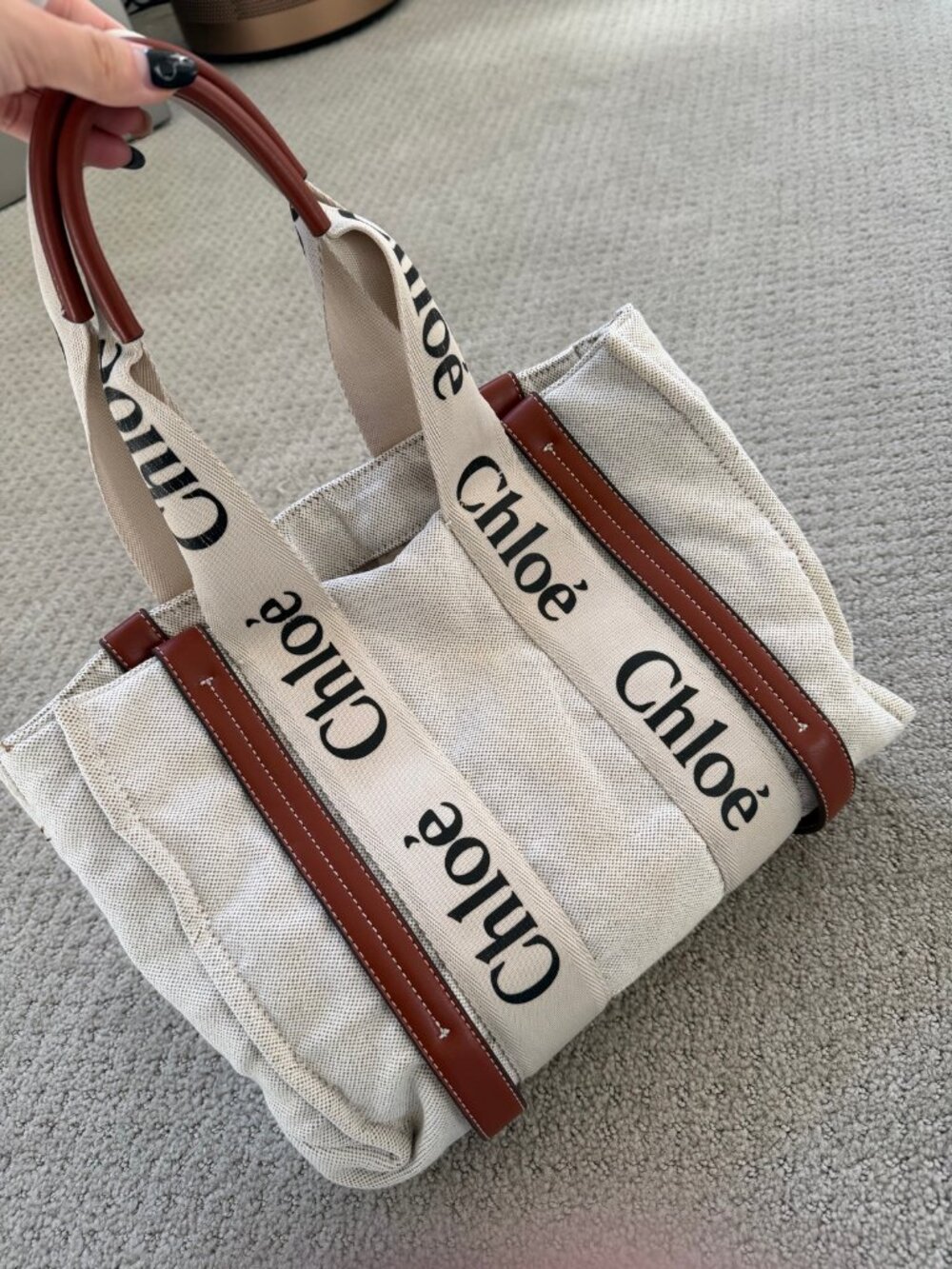 Chloé Woody Canvas Tote Bag Beige with Tan Leather Trim